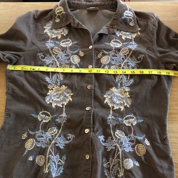 J. Jill Chocolate Brown Corduroy Embroidered Floral Button Down Shirt Womens S - Picture 11 of 12
